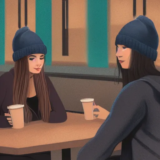 Image similar to hot girls sitting at starbucks being drawn by creepy guy in beanie, 8 k resolution, cinematic lighting, anatomically correct