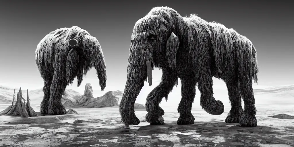 Image similar to a cyborg-mammoth standing in the middle of a milk lake on the Moon,Highly Detailed, Cinematic Lighting, rim light, hyper real, black and white, photo-realistic Unreal Engine, 8K