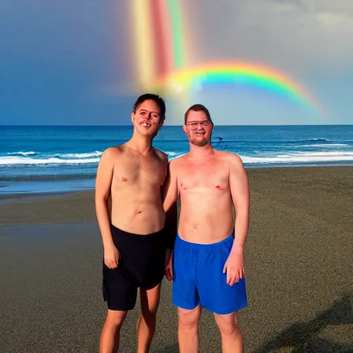 Image similar to two men on a beach wearing n 9 5 s, with a rainbow in the background, photograph