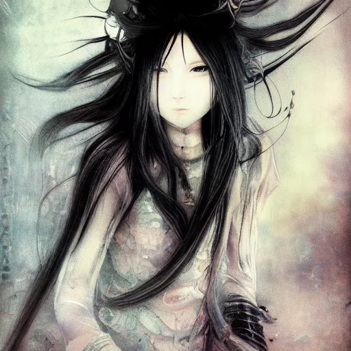 Image similar to Yoshitaka Amano blurred and dreamy illustration of an anime girl with black eyes, wavy white hair fluttering in the wind wearing Elden ring armour with cloack with folds, abstract black and white patterns on the background, reflection in a broken mirror, noisy film grain effect, highly detailed, Renaissance oil painting, weird portrait angle, blurred lost edges, three quarter view