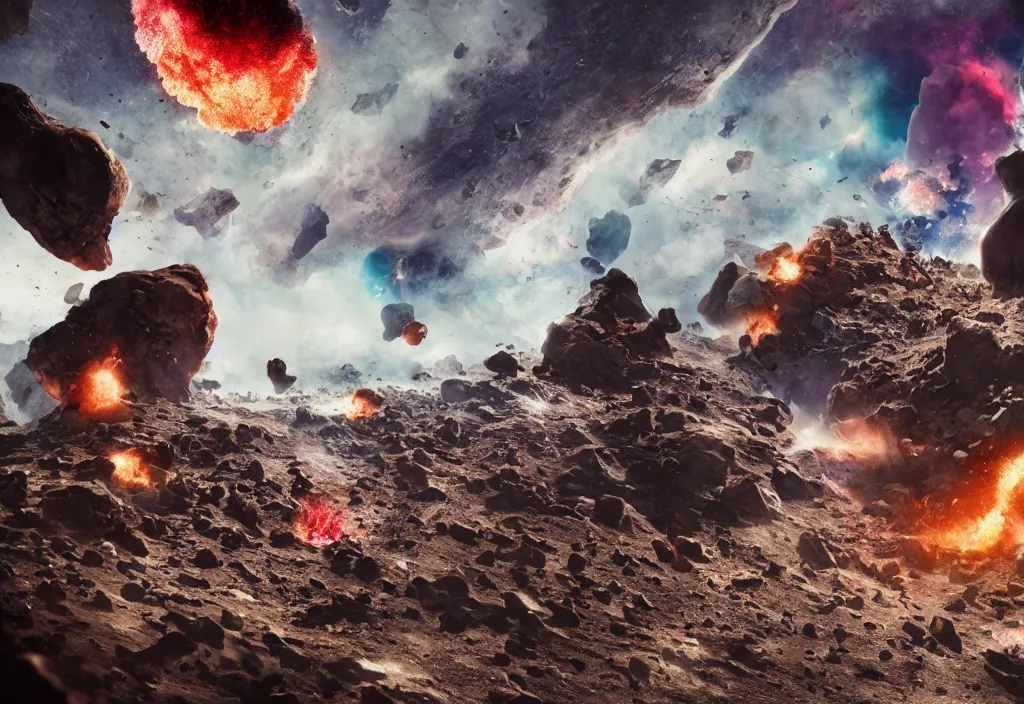 Image similar to fashion editorial in asteroids crashing on earth. gigantic explosions. wide angle shot. highly detailed. depth of field. high definition. 8k. photography.