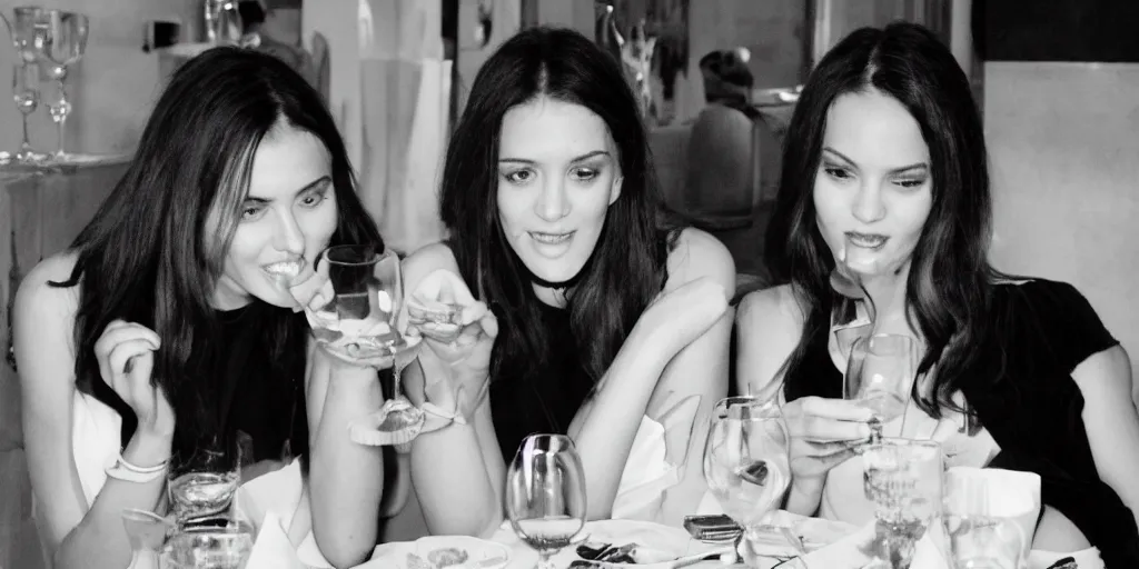 Image similar to b & w photo of two beautiful woman having dinner,