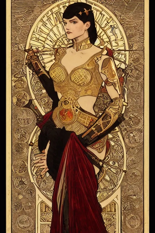 Image similar to tarot card, the emperor, armored woman, beautiful, medieval, super detailed, ornate, by alphonse mucha, artstation, greg rutkowski, symmetry, red, gold, white, black, 8 k