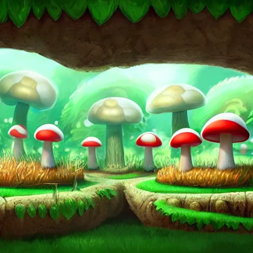 Image similar to mushroom kingdom from mario, digital art, giant green and white mushrooms, irina french, heraldo ortega, mandy jurgens trending on artstation 8 k 1 5 0 mpx