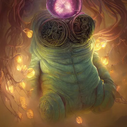 Image similar to ultra realistic illustration of magical tardigrade, forest, fantasy, colorful lights, intricate, elegant, highly detailed, digital painting, artstation, concept art, smooth, sharp focus, illustration, art by artgerm and greg rutkowski and alphonse mucha