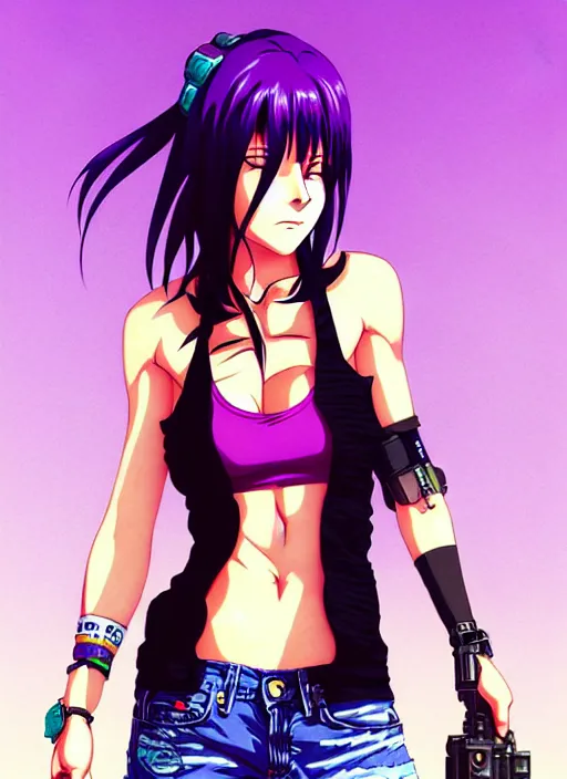 Image similar to revy black lagoon, purple hair, black tank top, jean shorts, tribal sleeve left arm, portrait shinkai makoto, studio ghibli, studio key, hideaki madhouse anime studio, artgerm, lau rossdraws james jean marc simonetti pixiv