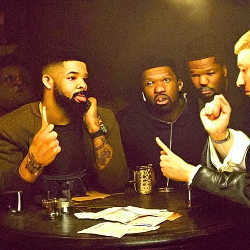 Image similar to 2 1 savage and 5 0 cent and drake huddled around a table with a lantern in a dark pub like in the denial of st. peter by gerard seghers