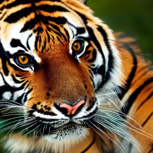 Image similar to a tiger cuddling with a house cat 4k, high detail, high-resolution photograph