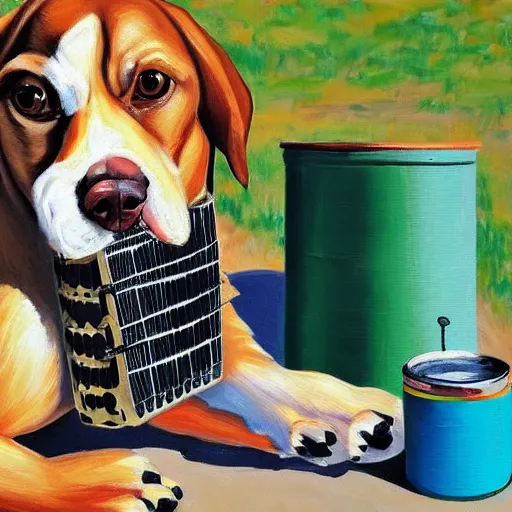 Image similar to a dog plays accordion sitting on the rim of a giant can of paint, its toes dipped into the paint