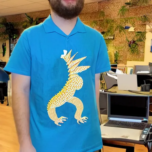 Prompt: a stegosaurus in a luau shirt working in computer science