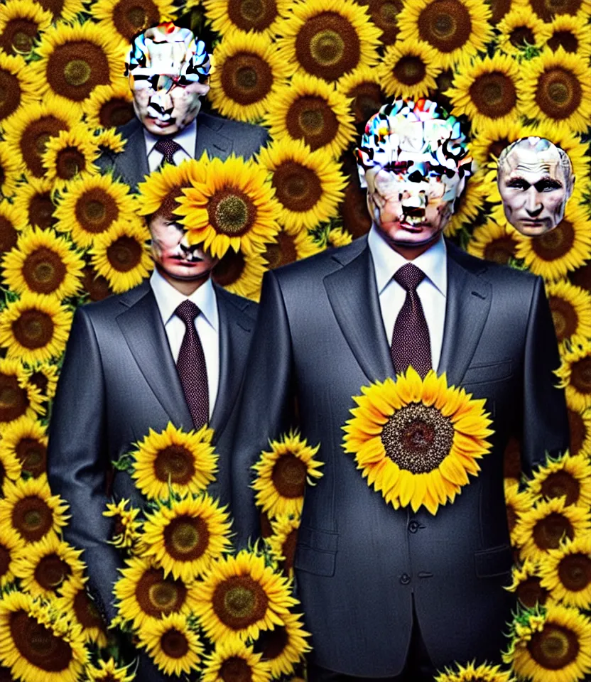 Image similar to photo portrait of Vladimir Putin - sunflowers - dressed in leisure suit with sunflower pattern and tombstone for a tie, natural skin tone, highly detailed realistic flowers ornament on suit, facial wrinkles and brows are intricate with highly detailed realistic flowers, elegant, Realistic, Refined, Highly Detailed, natural soft pastel lighting colors scheme, fine art photography by Cecil Beaton, volumetric lighting, hyper realistic photography