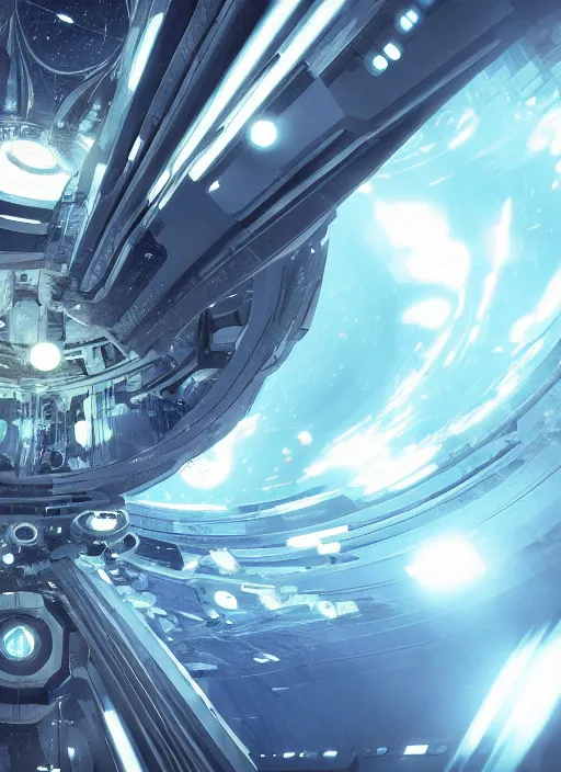 Prompt: the machine universe encounters a living cosmos inside an asymmetric orthogonal non - euclidean upside down inside out world with an infinite cosmic spiral waterfall of living information, futuristic sci - fi concept art, unreal engine