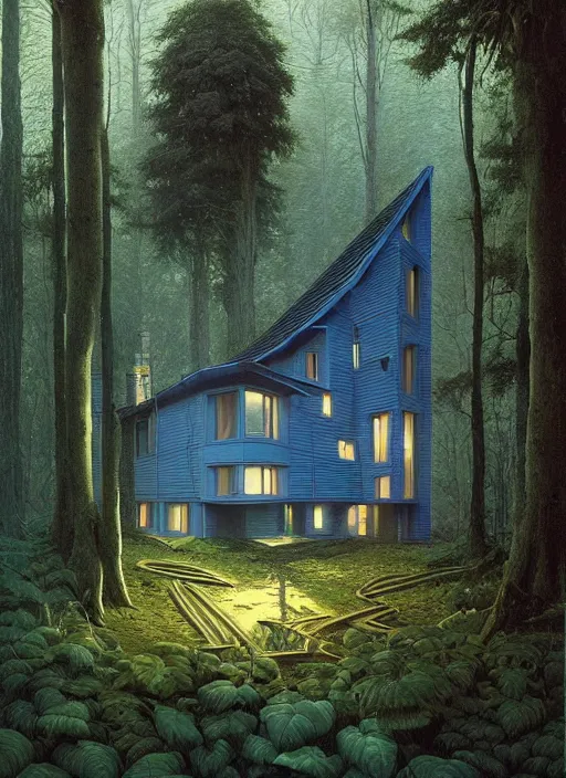 Image similar to hyper realistic witchy modern house with mood lighting and technology in the woods gorgeous lighting, blue sky, highly detailed, lush forest foliage painting by zdzisław beksinski and norman rockwell and greg rutkowski weta studio, and lucasfilm