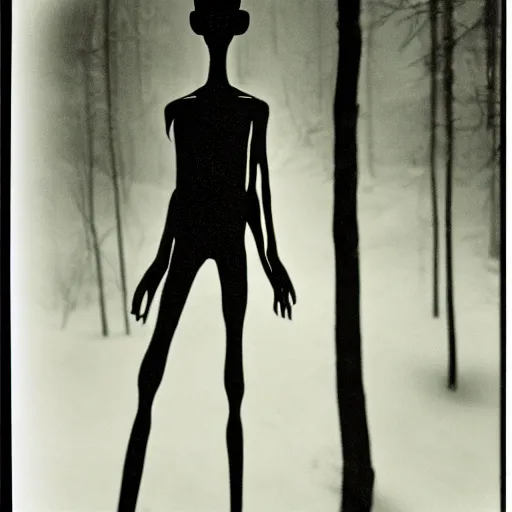 Prompt: tall skinny humanoid creature in a dark forest at night, extremly detailed, black and white polaroid, 8 k, sharp focus