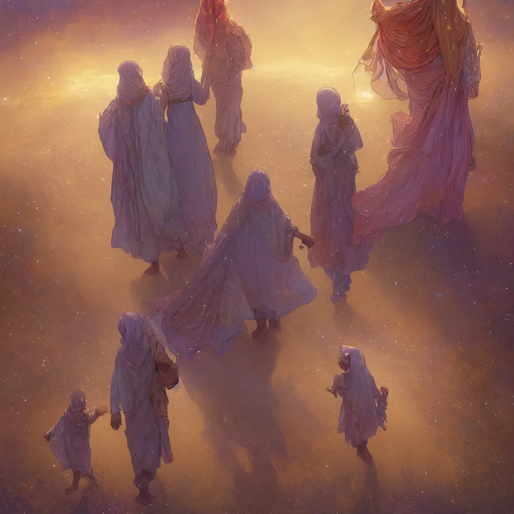 Image similar to bedouin man and woman and child in galaxy walking towards mosque surrounded by nebula, highly detailed, gold filigree, romantic storybook fantasy, soft cinematic lighting, award, disney concept art watercolor illustration by mandy jurgens and alphonse mucha and alena aenami, pastel color palette, featured on artstation