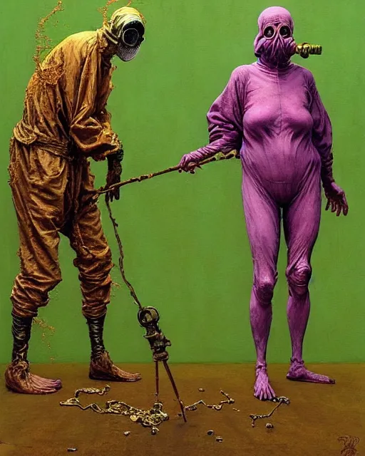 Prompt: two skinny old people with extra limbs, wearing gas masks, bodies wrapped in robes of gold, green and pink, during a biohazard apocalypse, cinematic, dystopian, eerie, horror, gothic, highly detailed painting by Francis Bacon, Beksinski, Esao Andrews, Edward Hopper, surrealism, art by Takato Yamamoto and !!!James Jean!!!