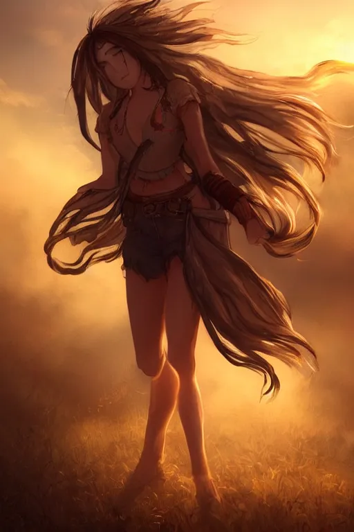 Image similar to beautiful young wind spirit, golden hour, full body, post apocalyptic setting, medium shot, mid-shot, highly detailed, trending on Artstation