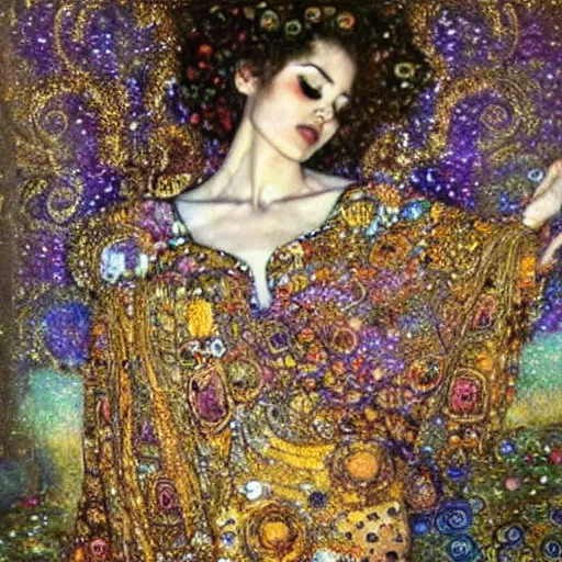 Image similar to dreamy angels, in the cosmos, intricate long shelve robes, intricate detail, klimt, royo,