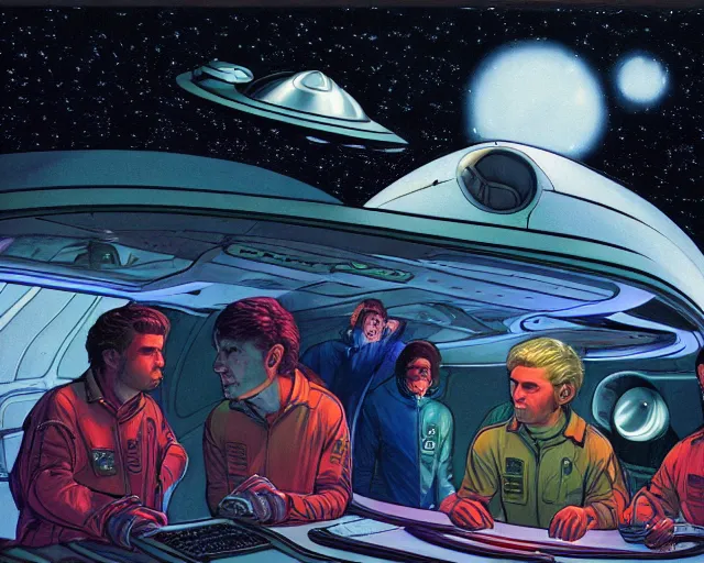 Image similar to an illustration of the crew of a spaceship are huddled over a glowing console, by barclay shaw