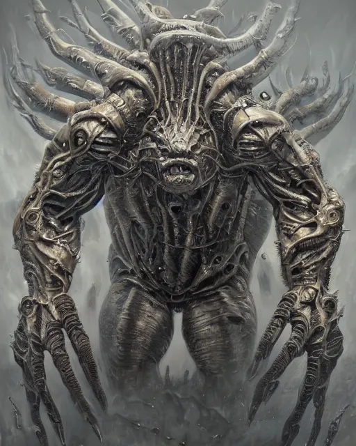 Prompt: Haunting horrifying detailed painting of a huge muscular hulking extraterrestrial metallic monster made of steel plating, hyperrealistic human eyes, hyper detailed, trending on Artstation