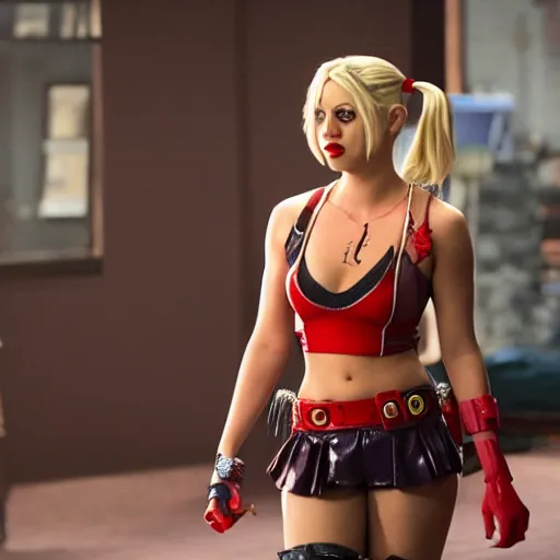 Image similar to A still of Kaley Cuoco as Harley Quinn, full-figure