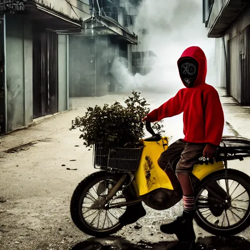 Image similar to a photo of a boy wearing a hazmat suit, riding a bike, side-view, smoke in the background, filthy streets, broken cars. Vines growing. Jpeg artifacts. Full-color photo. Color color color color color. Award-winning photo. Samyang/Rokinon Xeen 50mm T1.5