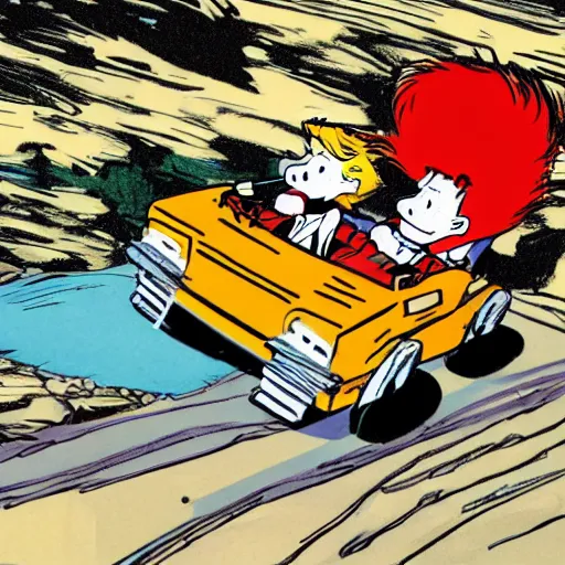 Prompt: wide angle shot of Donald trump driving a clown car over a cliff, Calvin and Hobbes,