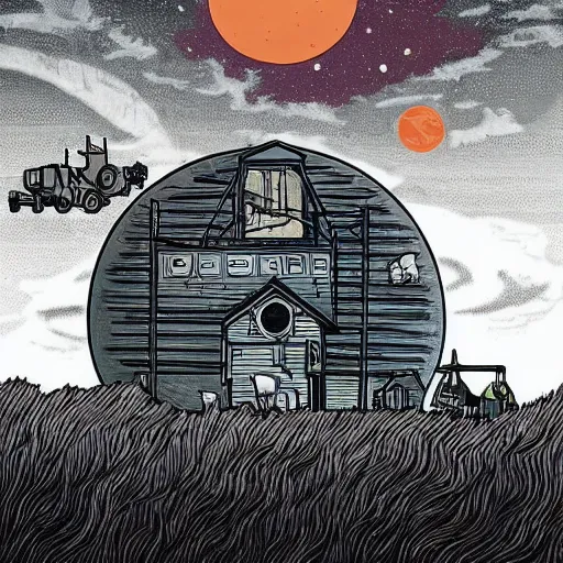 Prompt: a farm on the moon, earth seen in the distance by tim doyle and anna dittmann, macabre