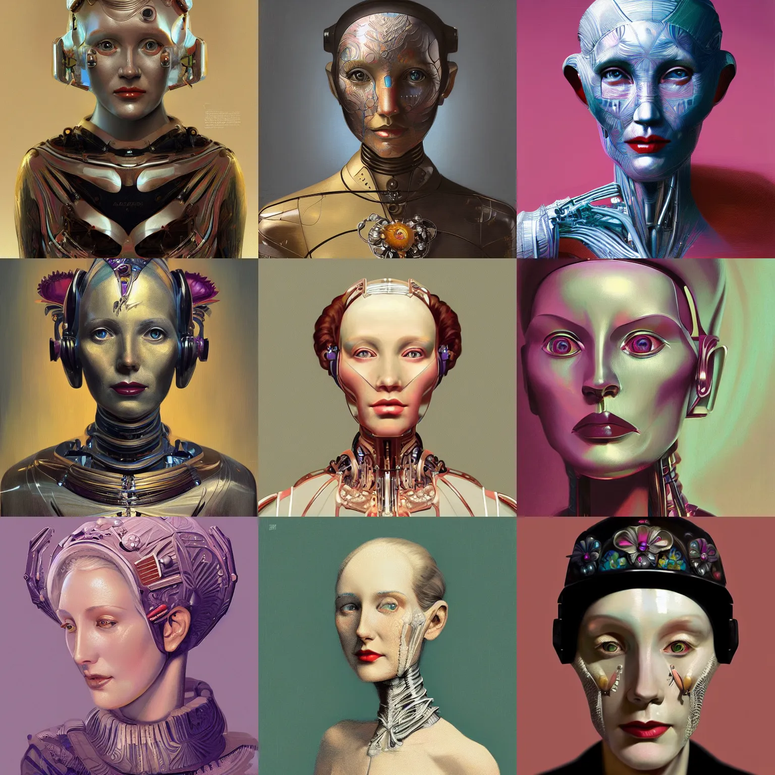 Prompt: Portrait of a very old female robot, art deco design, by Mandy Jurgens and Warhol, Ernst Haeckel, James Jean, artstation, concept art,