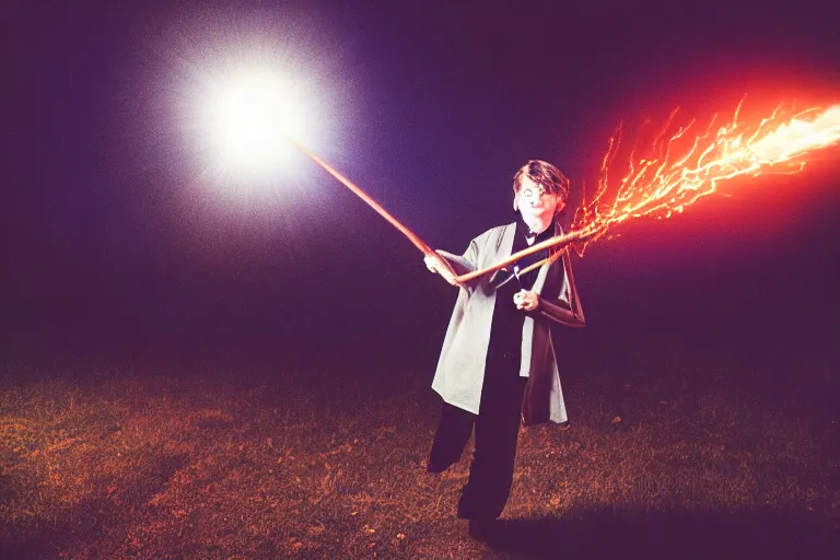 Prompt: a young adult wizard with very detailed face, hair clothes and shoes points their wand fiercely from which a blast of bright magic flies from the end of the wand, on an empty moonlit hill, dramatic lighting, lens flare, 3 5 mm full frame professional photography, kodachrome