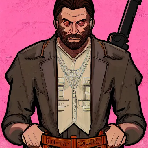 Image similar to saint homo neanderthalis, portrait, with book of science on his right hand, and riffle, violet polsangi pop art, gta chinatown wars art style, bioshock infinite art style, incrinate, realistic anatomy, hyperrealistic, two colors, white frame border, 4 k, uhd, remove duplicate content, left align content