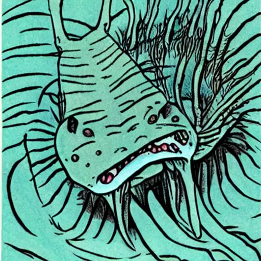 Image similar to an axolotl drawn by junji ito