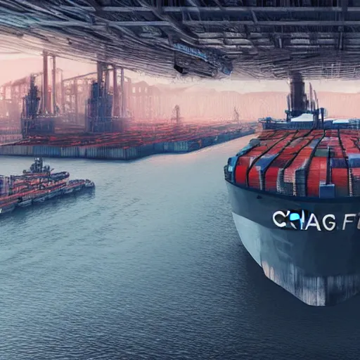 Image similar to photo of Immense industrial futuristic cargo ship arrives at cyber punk city sea port, cinematic lighting, photo