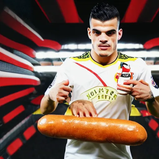 Image similar to a promo portrait of granit xhaka holding a delicious hot dog with mustard and ketchup up to the camera, happy, hyper detailed, fisheye lense, reuters