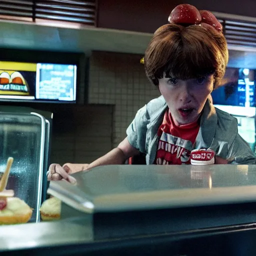 Prompt: an obese demogorgon odering burgers at the counter of a mc donalds restaurant, stranger things, movie scene, high resolution, realistic