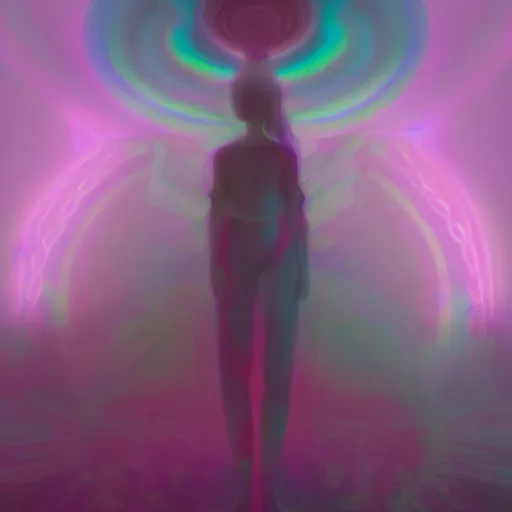 Prompt: long Shot of psychedelic misty chromatic astral temple , stylish, lsd, soft, trending on artstation, cinematic, artwork by WLOP