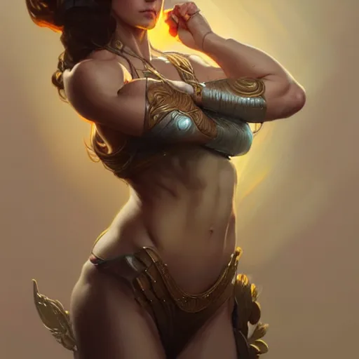 Image similar to female, muscular upper body, D&D, fantasy, intricate, elegant, highly detailed, digital painting, artstation, concept art, smooth, sharp focus, illustration, art by artgerm and greg rutkowski and alphonse mucha