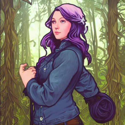 Prompt: realistic depiction of abigail from stardew valley wearing black shirt under blue denim jacket, standing in a darkened forest, purple hair, blue eyes, art by tan zi and artgerm and alphonse mucha and peter mohrbacher