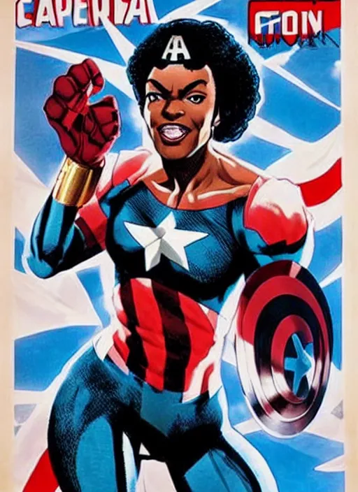 Image similar to beautiful black female captain america. afro - feminist captain america wins wwii. american wwii propaganda poster by james gurney, rob liefeld and pixar. gorgeous face. overwatch, realistic. black power