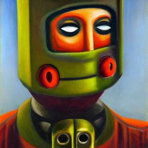 Image similar to sad robot portrait, visage, dystopian, pj crook, edward hopper, oil on canvas