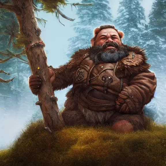 Prompt: Dwarf Woodsman riding Bear Companion, RPG Portrait Full Body, Oil Painting, Trending on Artstation, octane render, Insanely Detailed, 8k, HD