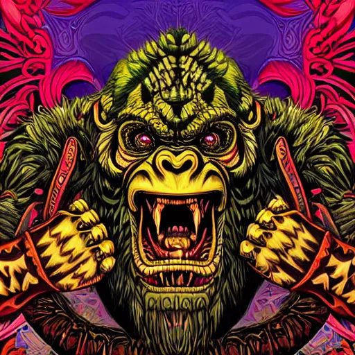 Image similar to barong family member, wiwek, mara demon, one single tribe member, jungle, one single mask, dark, ancient warrior, gorilla, lizard, tribal, inner glow, art by dan mumford and justin gerard