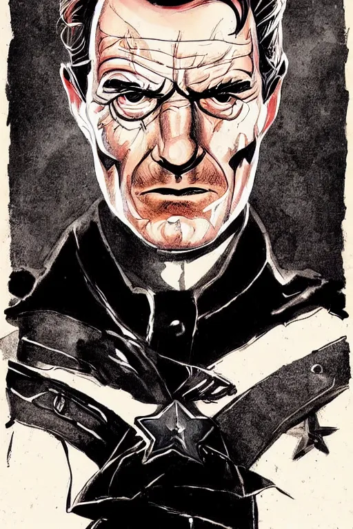 Image similar to beautiful portrait commission of a handsome Bryan Cranston as captain america in a vintage gothic style. black hair. pale skin, black makeup. character design by ralph steadman, detailed, inked, western comic book art