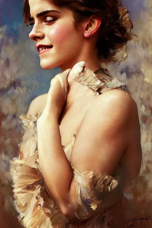 Image similar to emma watson smiling closed eyes detailed portrait painting by gaston bussiere craig mullins j. c. leyendecker photograph by richard avedon peter lindbergh