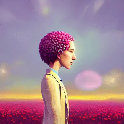 Image similar to enlarged daisy flower as a head, frontal, a girl in a suit, surreal photography, sunrise, dramatic light, impressionist painting, digital painting, artstation, simon stalenhag