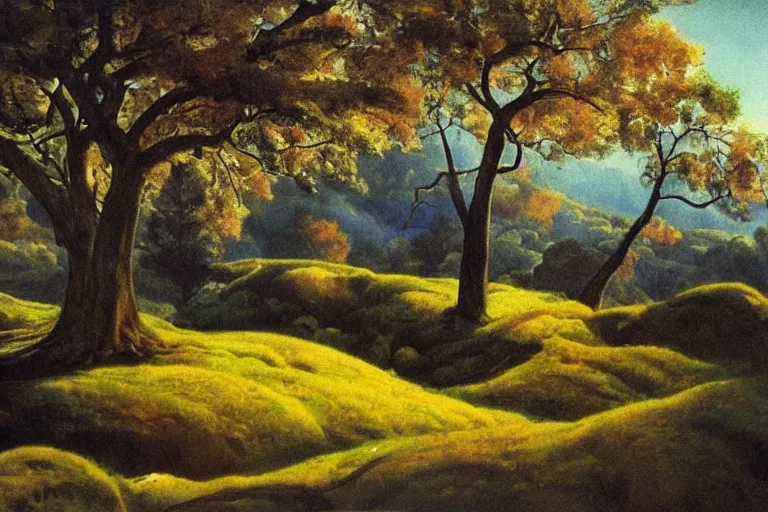 Image similar to masterpiece painting of oak trees on a hillside overlooking a creek, dramatic lighting, by gustaf tenggren