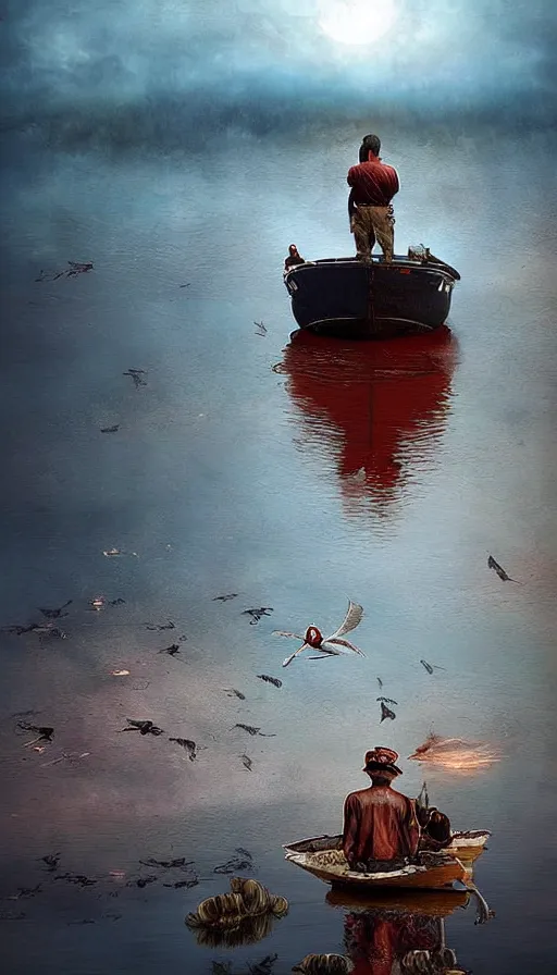 Prompt: man on boat crossing a body of water in hell with creatures in the water, sea of souls, by peter holme iii