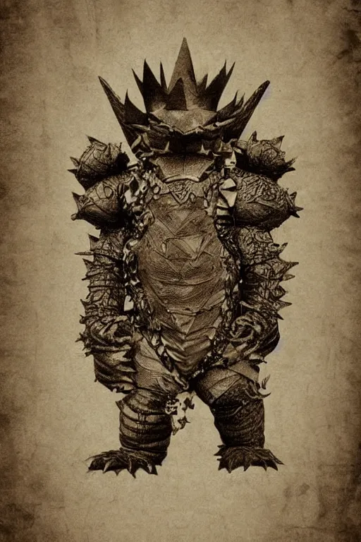 Image similar to bowser king koopa, portrait, full body, symmetrical features, silver iodide, 1 8 8 0 photograph, sepia tone, aged paper, master prime lenses, cinematic