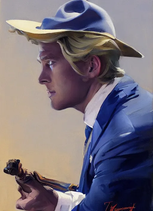 Image similar to greg manchess portrait painting of a blond man in a blue suit with a sword and a pistol, asymmetrical, profile picture, organic painting, sunny day, matte painting, bold shapes, hard edges, street art, trending on artstation, by huang guangjian, gil elvgren, ruan jia, randy vargas, greg rutkowski