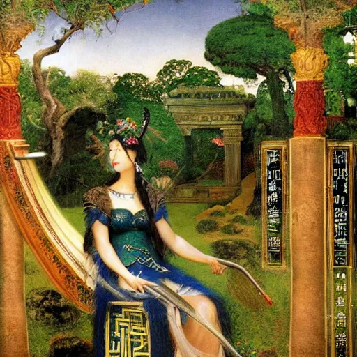 Image similar to A Latin sorceress playing the harp in an enchanted Zen garden, by Arnold Böcklin and Tang Sin Yun, breathtaking digital 2d cover art